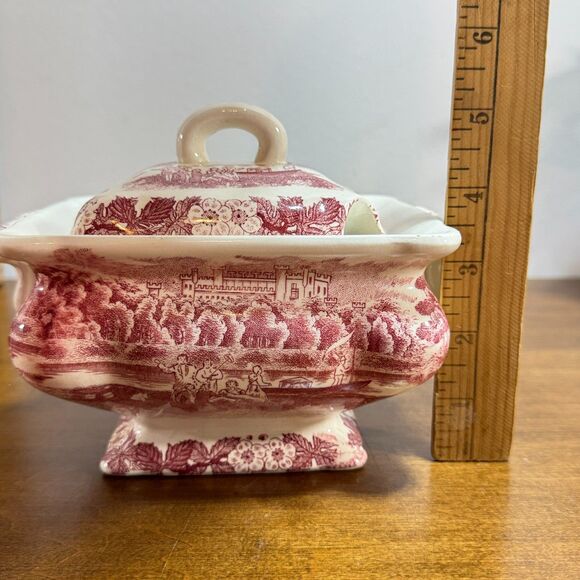 Vintage Gravy Boat Tureen Pink and White Transfer Ware Mushrooms Antique - Picture 11 of 13